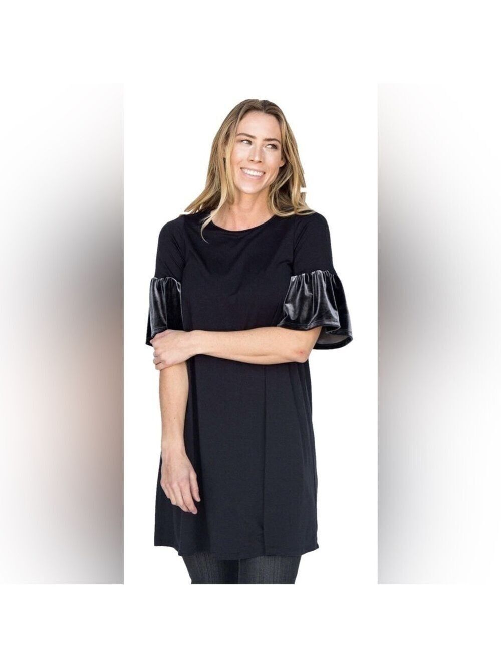 NWT Agnes & Dora Black Adore Tunic Dress With Velvet Tulip Sleeves - Size M